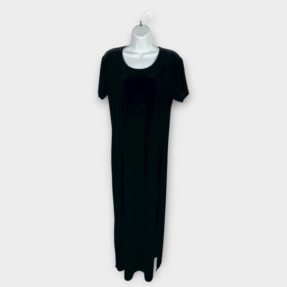 VTG 90s Active Black Maxi Velour Velvet Short sleeve Side Slit Dress - Picture 1 of 8